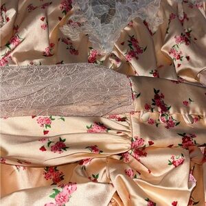 For Love And Lemons Pink Floral Midi Dress with sheer sleeves